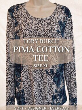 Tory Burch Pima Cotton Long Sleeve Tee XL Blue Floral Scroll Print Designer Top